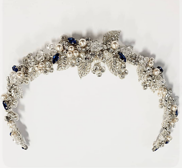 Closeup shot of custom floral tiara with crystals, pearls and sapphires
