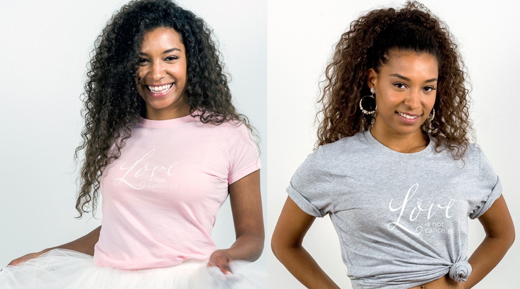happy girls with curls wearing t-shirts