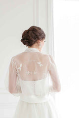 Organza unique bridal bomber jacket. Love hope faith. Sheer handmade in Canada. Wedding Jacket.