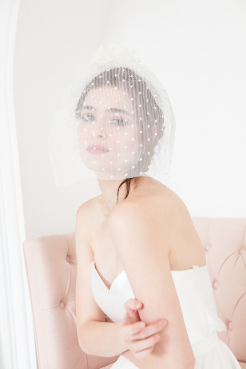 Modern bridal birdcage with polka dots by Laura Jayne. Annie Birdcage Veil. Handcrafted in Canada.