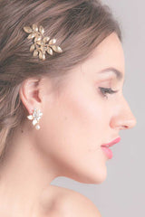 Profile of woman wearing Fauve gold leaf hair comb by Laura Jayne Accessories