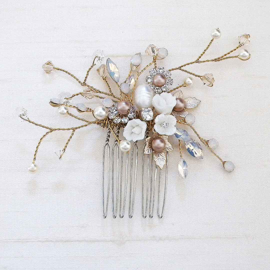 gold wired Louise floral comb with opal accents