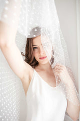Toronto Bride in fingertip length polka dot veil. Handmade in Canada. Bridal Fashion Trend.