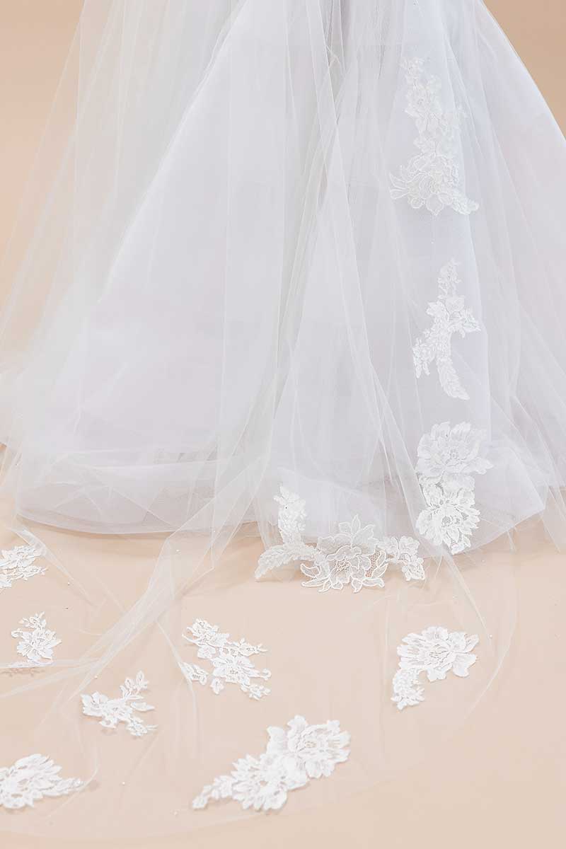 Lace applique detail from Seine statement cathedral veil by Laura Jayne Accessories Toronto