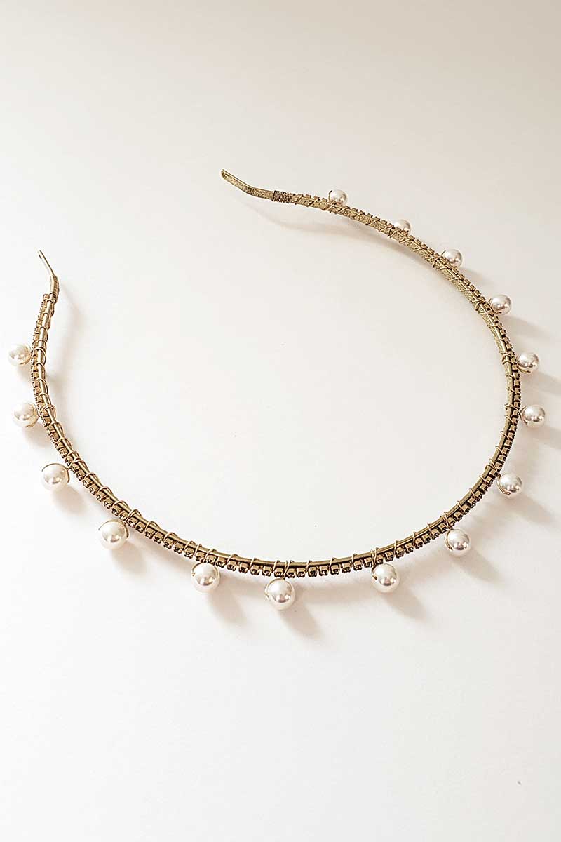 Closeup image of skinny headband with pearls and crystals. Syren Pearl Crystal Headband by Laura Jayne. Handcrafted in Toronto, Canada.