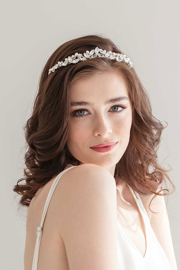 Bride wearing the Kelly Tiara with freshwater ivory pearls and juicy marquis crystals in silver by Laura Jayne Accessories Toronto. Handcrafted in Canada.