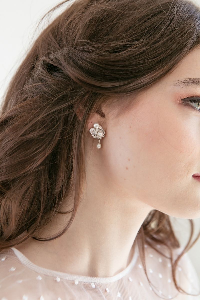 Profile of bride wearing pearl crystal drop earrings E9081 by Laura Jayne Accessories