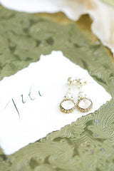 Rose blush crystal and pearl dangle bridal earring. Handmade in Toronto wedding jewelry. Dramatic bridal earring trend. Earrings as featured in wedluxe magazine.