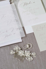 Wedding details shot with Laura Jayne enameled blossom hairvine comb