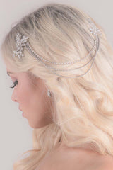 Harmony crystal comb styled in womans hair with draped chain accents