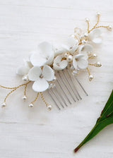 Clay flower crystal and pearl gold bridal hair accessory