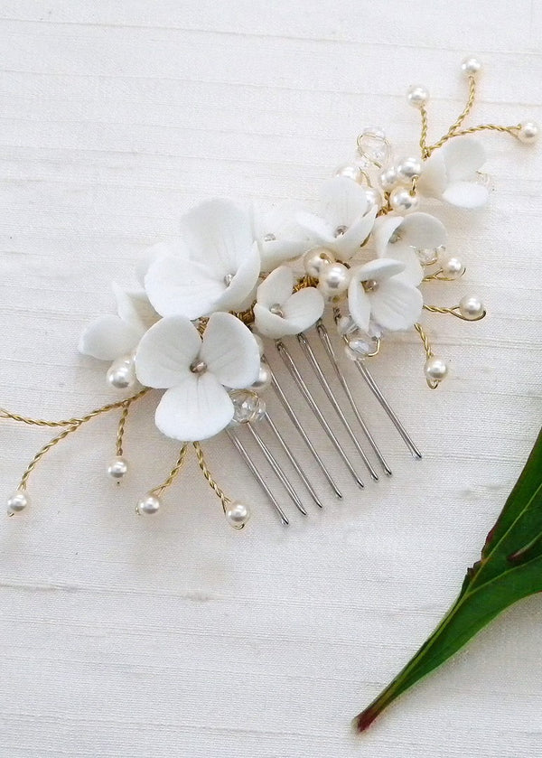 Clay flower crystal and pearl gold bridal hair accessory