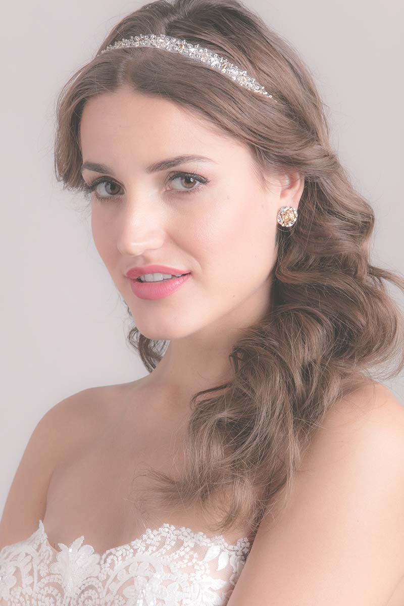 bride wearing Chelle crystal beaded tulle wedding headband handcrafted by Laura Jayne Accessories