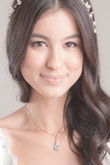 Bride wearing teardrop pearl pendant N2113 by Laura Jayne Accessories
