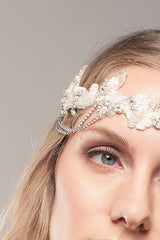 Close up beaded detail of Laura Jayne draped chain bridal hair accessory