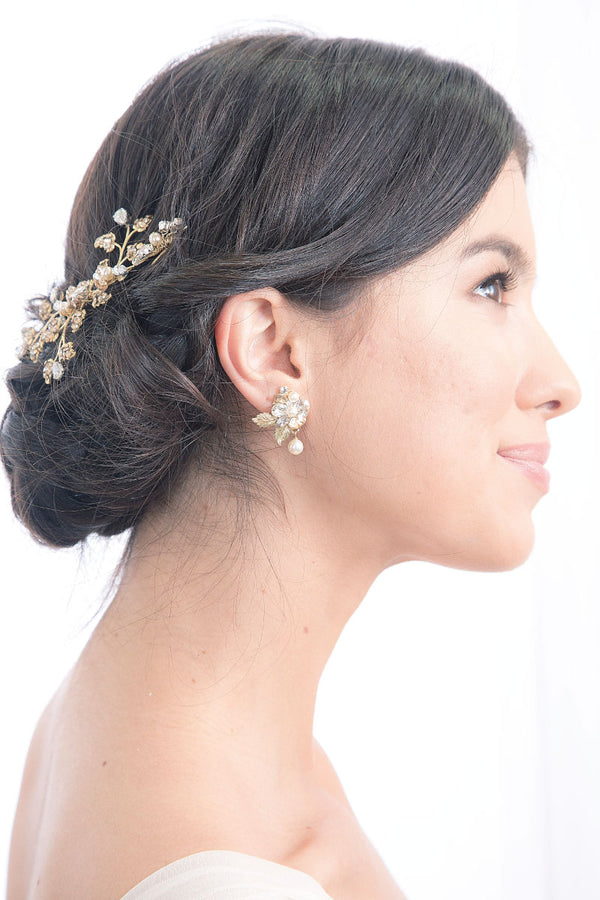 Profile of woman wearing Wisteria gold blossom hairvine by Laura Jayne Accessories