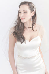 Modern romantic bride wearing fingertip length blusher veil by Laura Jayne. Corsica Two Tier Fingertip Veil made in Toronto, Canada.