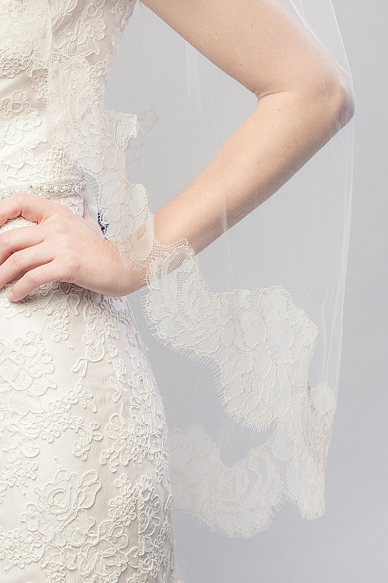 Closeup of French Chantilly lace border on lower edge of Coco Chantilly Fingertip Cage Veil by Laura Jayne. Made in Toronto, Canada.
