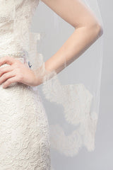 Closeup of French Chantilly lace border on lower edge of Coco Chantilly Fingertip Cage Veil by Laura Jayne. Made in Toronto, Canada.