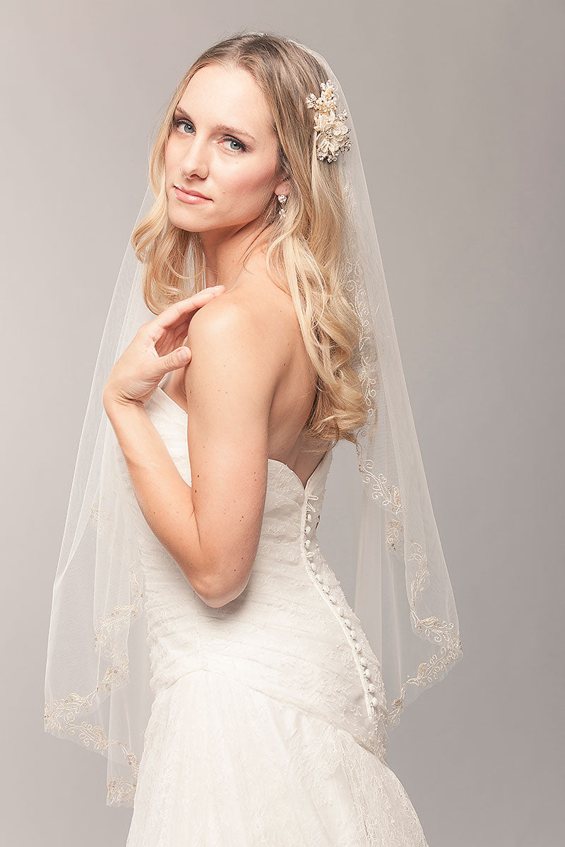 Gold Embroidered Fingertip Veil - Sample Sale