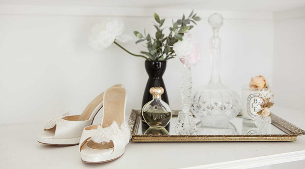 Angela Nuran silk wedding shoes with vanity tray and vase