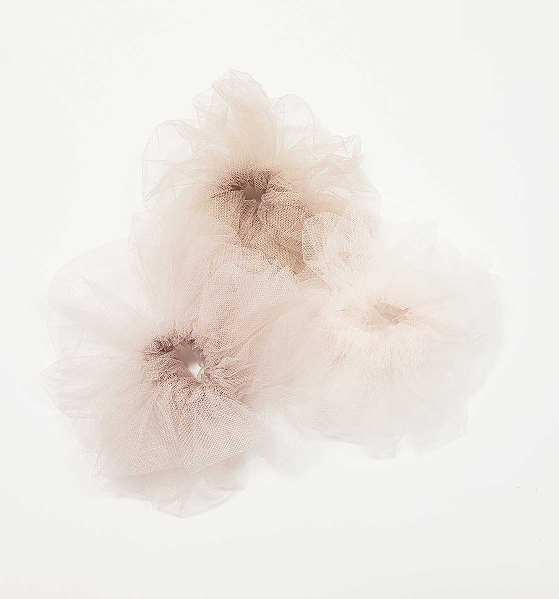 Blush tulle scrunchies. Everyone's favorite hair accessory reimagined by Laura Jayne Accessories