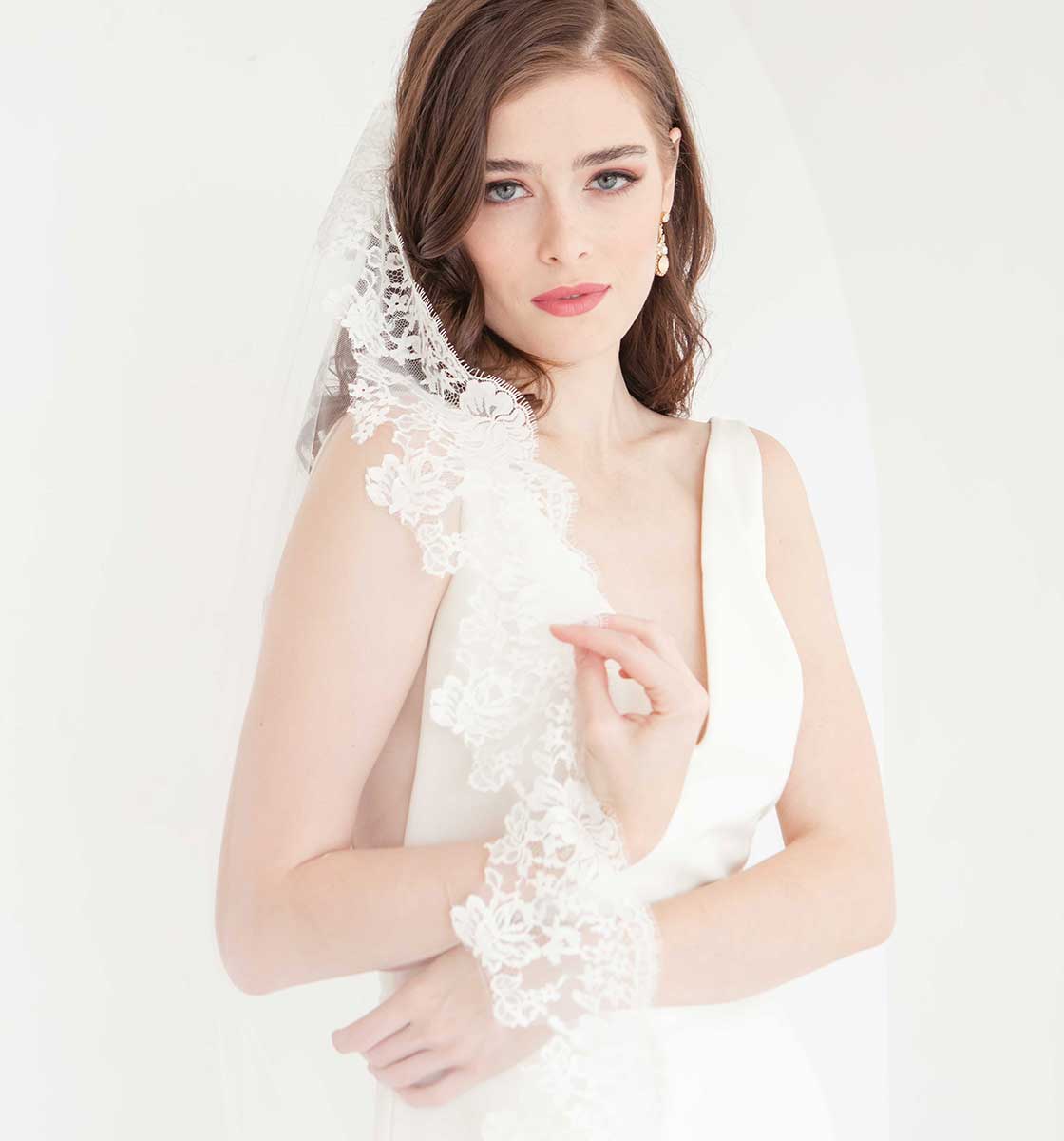 Bride wearing chantilly lace mantilla veil from Laura Jayne Accessories veil collection