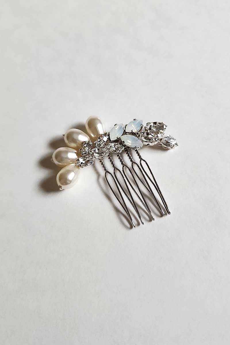 Small hair brooch comb with tear drop pearls clear and opal crystal accents Dusk by Laura Jayne