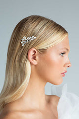 profile of woman wearing small pearl crystal Dusk comb by Laura Jayne Accessories