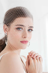 Crystal star birdcage face veil by Laura Jayne on bride with clasped hands