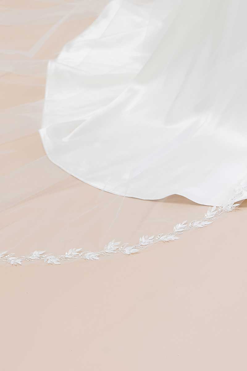 Close up of cathedral veil with hand-embroidered leaf detail Laurella VE8007 by Laura Jayne Accessories 