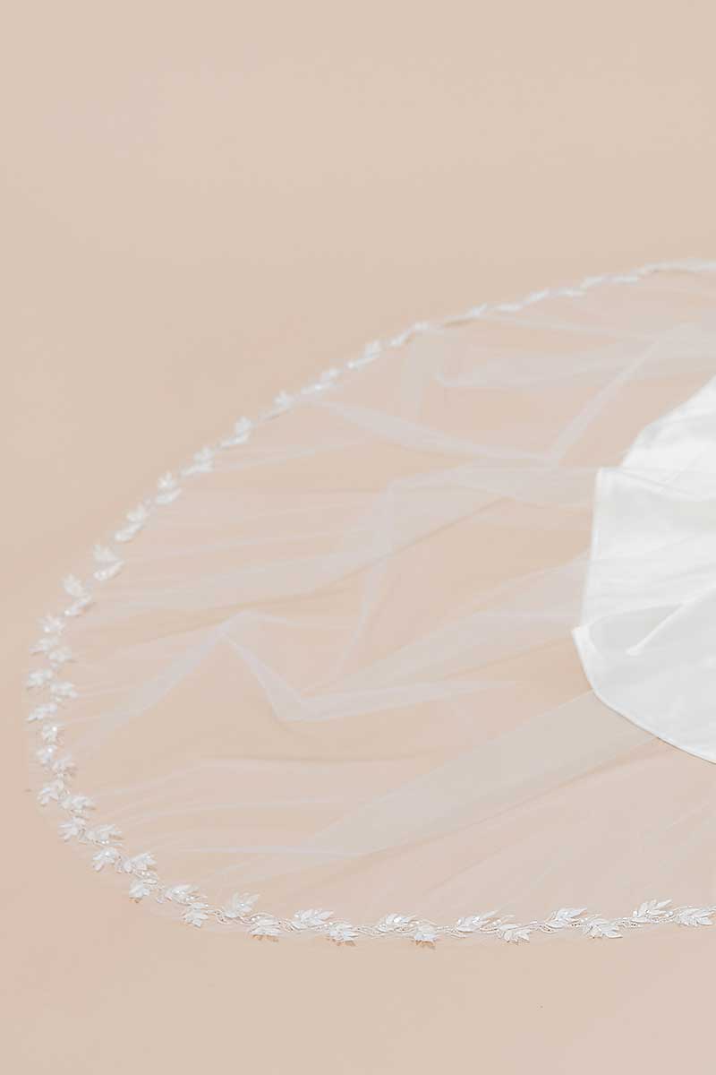 Train detail on Laurella leaf embroidery cathedral wedding veil VE8007 by Laura Jayne Accessories 