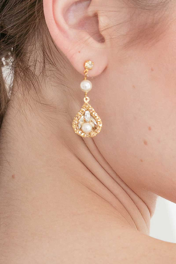 Gold Champagne Teardrop Earring with Pearls on woman's profile