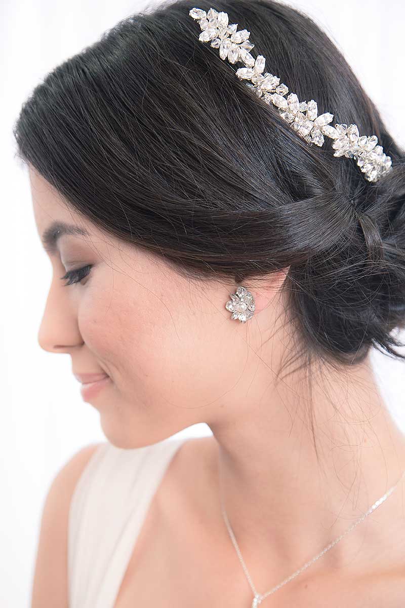 Profile of woman wearing Gabrielle  crystal hairvine by Laura Jayne