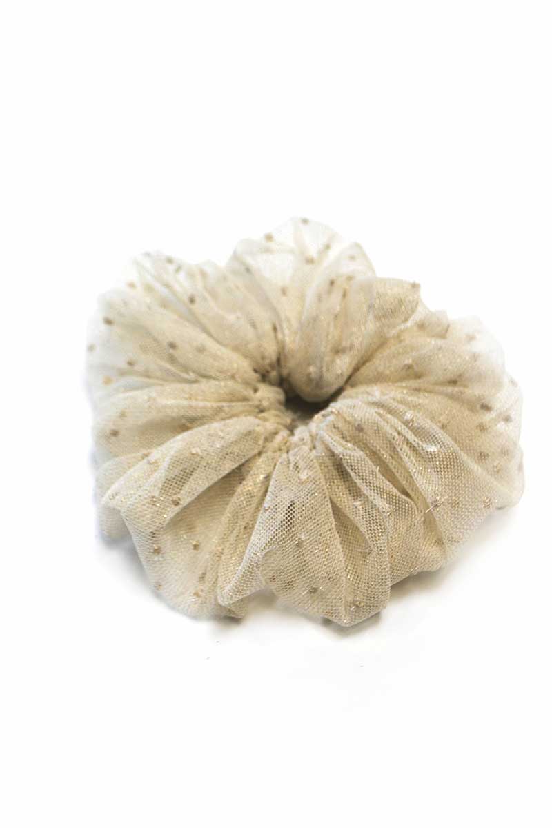 Tulle scrunchie hair accessory with gold dots hand made in Canada