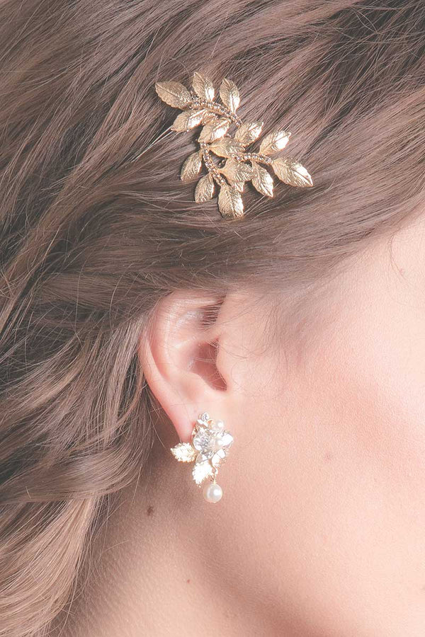 Closeup of Fauve gold leaf hair comb by Laura Jayne Accessories