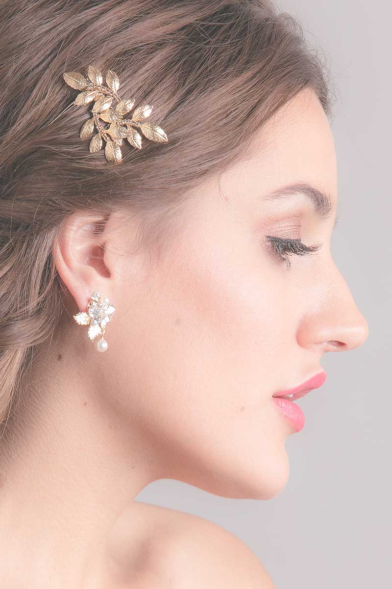 Profile of woman wearing Fauve gold leaf hair comb by Laura Jayne Accessories