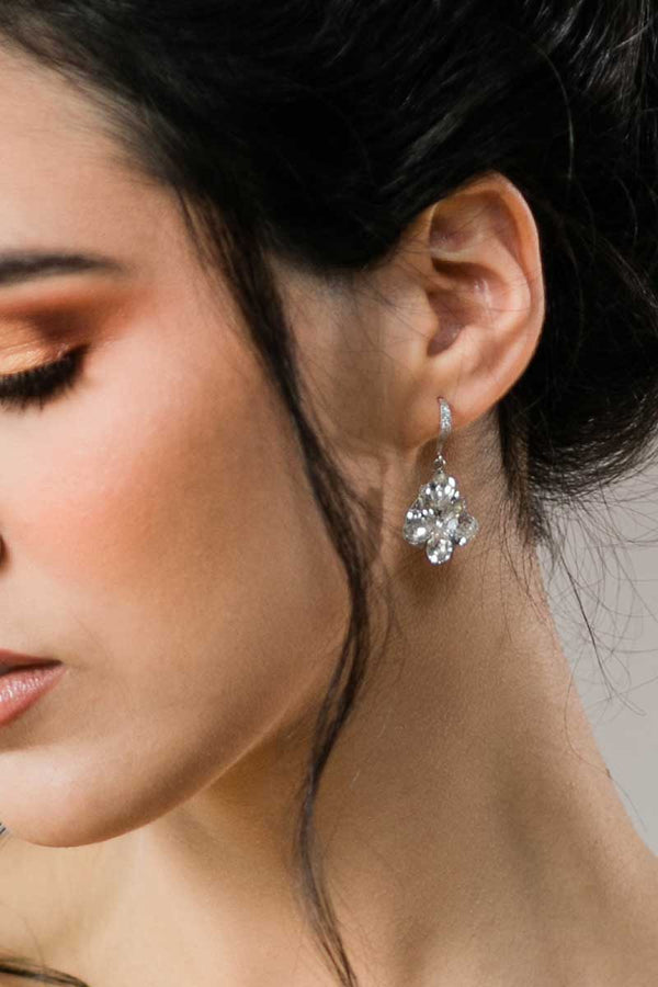 Profile of woman wearing smoked crystal teardrop earrings E4205 by Laura Jayne Accessories