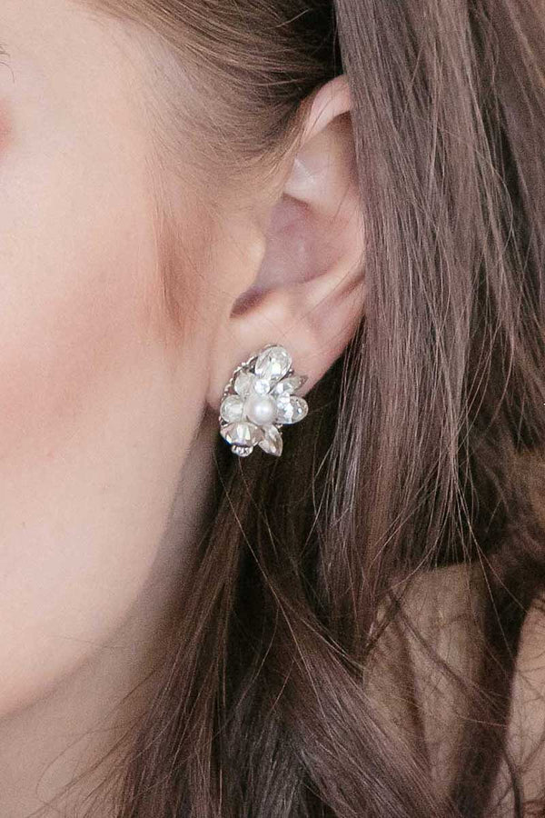 Laura Jayne Accessories crystal pearl post earrings E7023 on womans ear