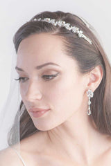 Profile of woman wearing Helena CZ marquis headband by Laura Jayne Accessories