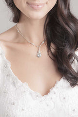 Womans neckline with teardrop pearl crystal pendant N2113 by Laura Jayne