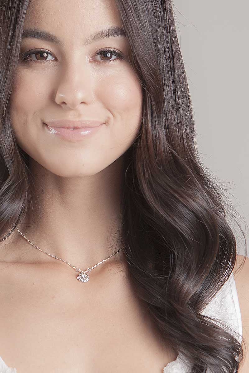 Woman wearing teardop crystal necklace N7018 by Laura Jayne Accessories