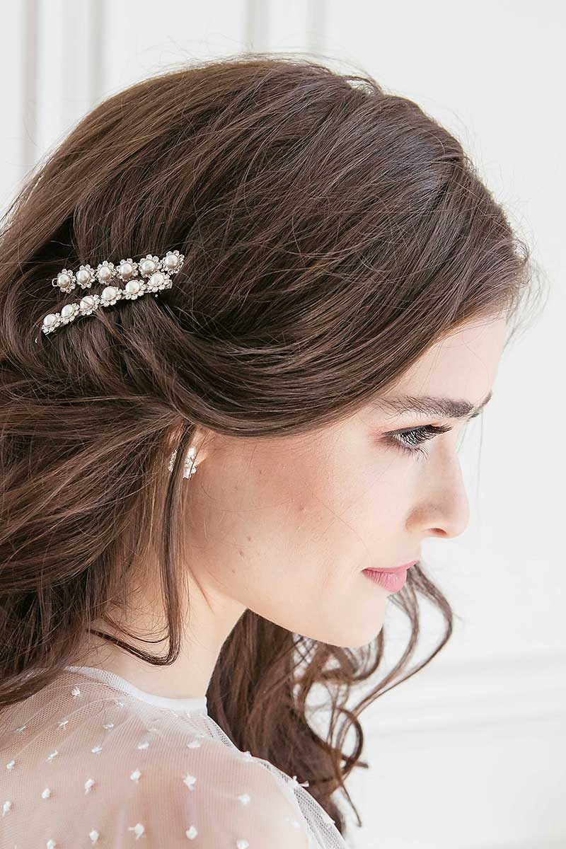Profile of bride wearing Elena pearl crystal rondelle barrette pair by Laura Jayne Accessories Toronto