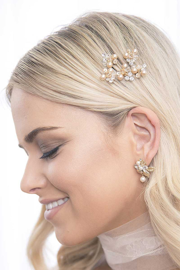 Profile of bride wearing pearl crystal hairpins Rosie by Laura Jayne Accessories