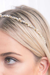Close crop of gold champagne Sleek pearl crystal CZ headband by Laura Jayne Accessories Toronto