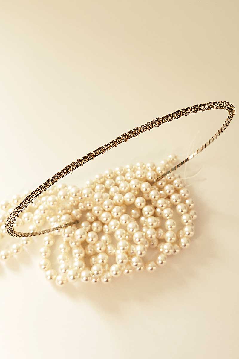 Top view of the Mimi Slim Crystal Headband. Skinny bridal accessory handmade in Canada by Laura Jayne Accessories Toronto.