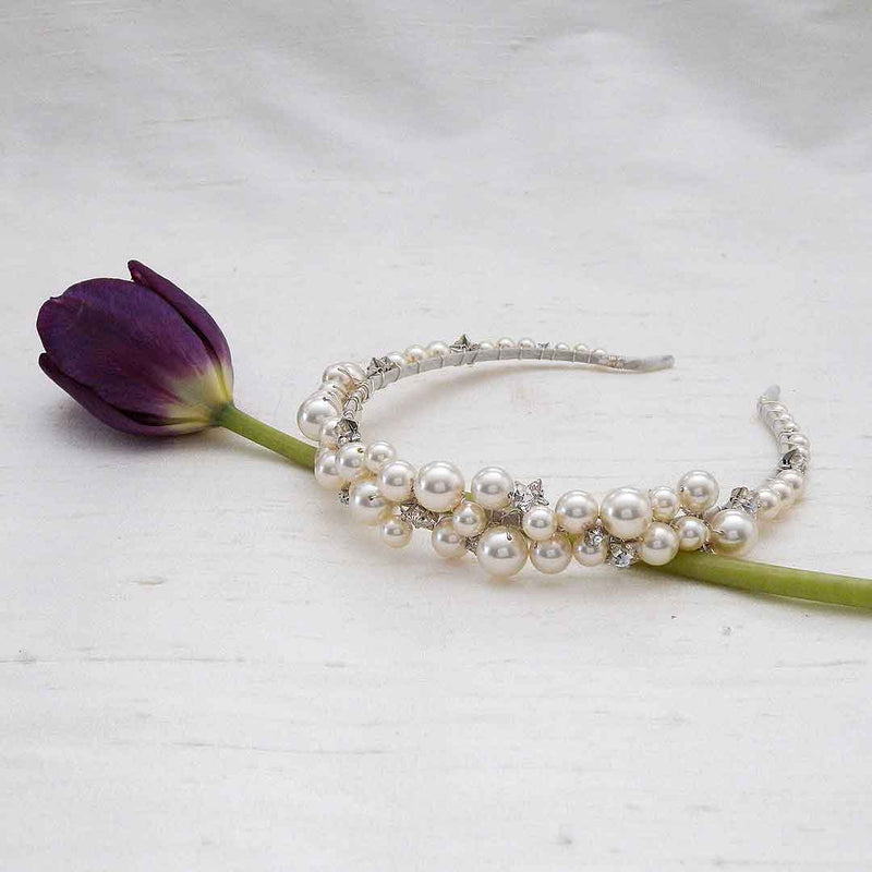 Laura Jayne chunky pearl headband with crystal stars styled on tulip