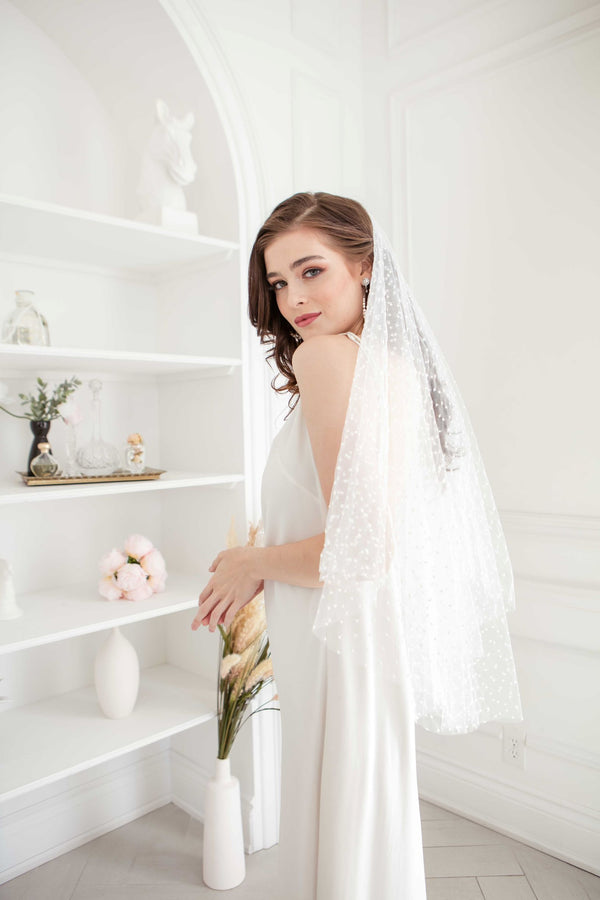 Toronto Bride in fingertip length polka dot veil. Handmade in Canada by Laura Jayne. Bridal Fashion Trend.