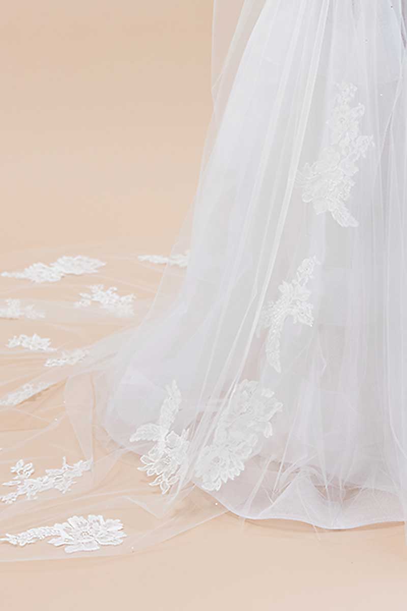Side train detail on Laura Jayne Seine statement lace cathedral veil