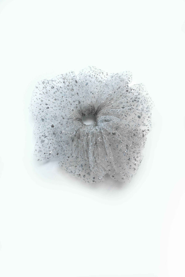 Silver glitter tulle fluffy scrunchie